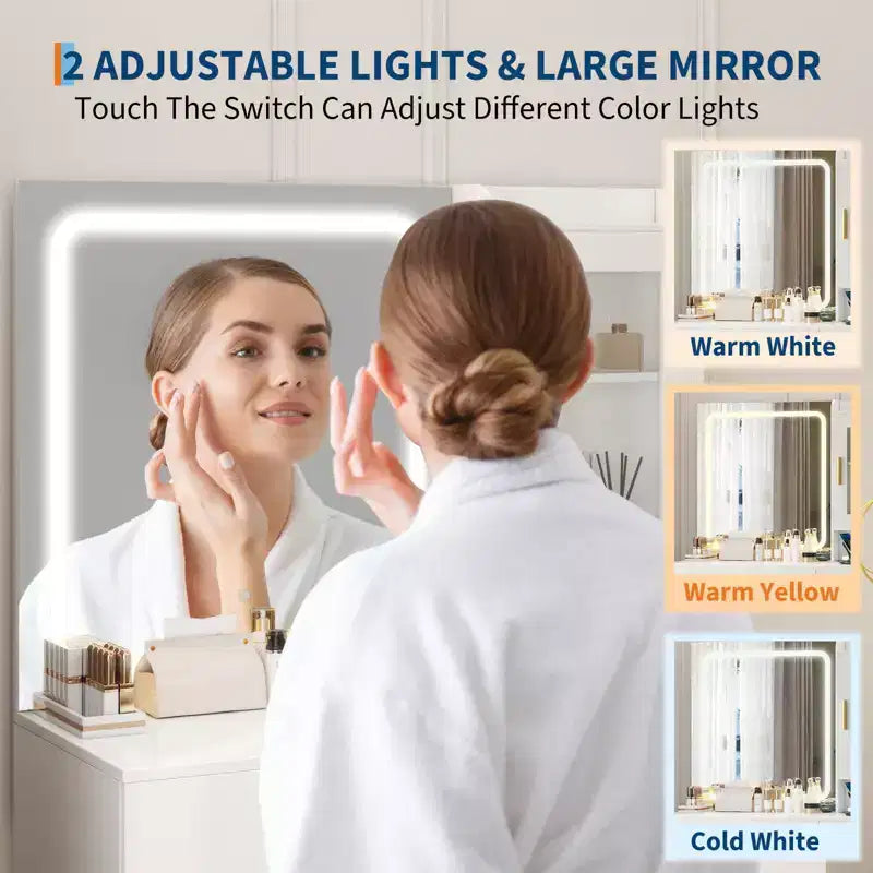 Vanity Desk with Mirror and Lights,Modern Makeup Dressing Table with Built In Outlets, Storage Stool,4 Drawers & Hair Dryer Holder