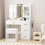 Vanity Desk with Mirror and Lights,Modern Makeup Dressing Table with Built In Outlets, Storage Stool,4 Drawers & Hair Dryer Holder