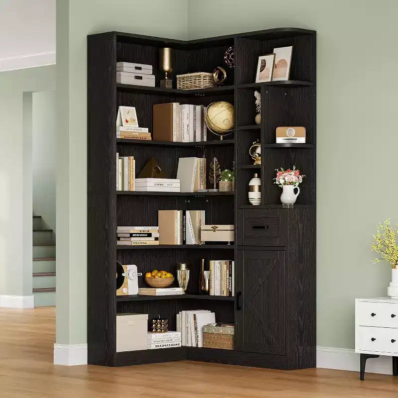 74 Tall Corner Bookshelf with 6 Open Shelves, Drawer & Cabinets, Modern L-Shaped Storage Bookcase for Living Room, Office, or Bedroom Display