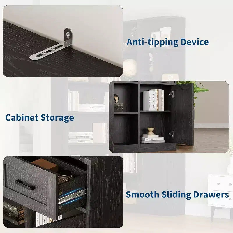 74 Tall Corner Bookshelf with 6 Open Shelves, Drawer & Cabinets, Modern L-Shaped Storage Bookcase for Living Room, Office, or Bedroom Display