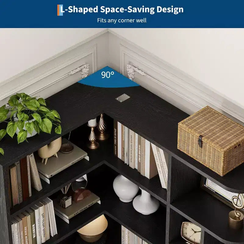 74 Tall Corner Bookshelf with 6 Open Shelves, Drawer & Cabinets, Modern L-Shaped Storage Bookcase for Living Room, Office, or Bedroom Display