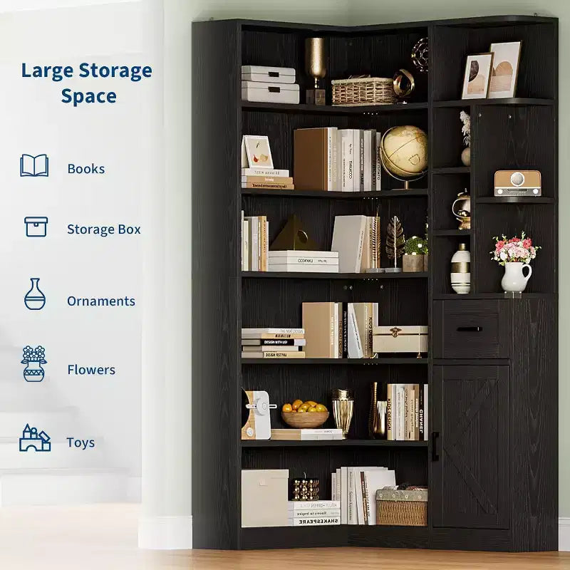 74 Tall Corner Bookshelf with 6 Open Shelves, Drawer & Cabinets, Modern L-Shaped Storage Bookcase for Living Room, Office, or Bedroom Display