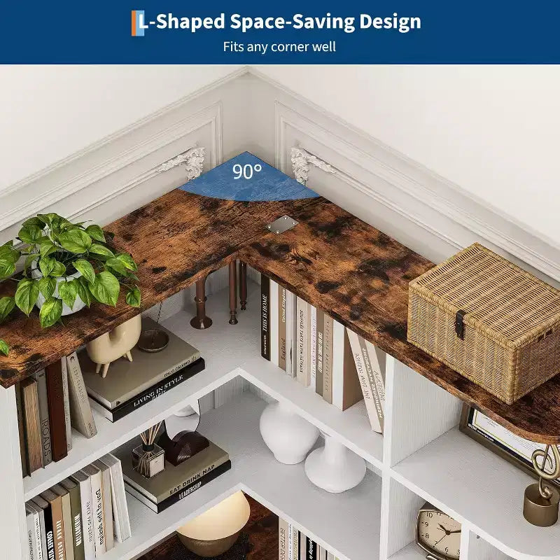 74 Tall Corner Bookshelf with 6 Open Shelves, Drawer & Cabinets, Modern L-Shaped Storage Bookcase for Living Room, Office, or Bedroom Display