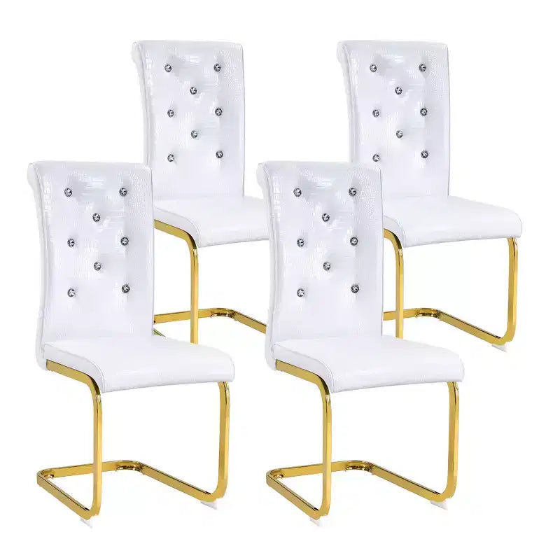 Set of 4 Upholstered Dining Chairs with Faux Leather and Crystal Buckle Details, with Durable Metal Legs