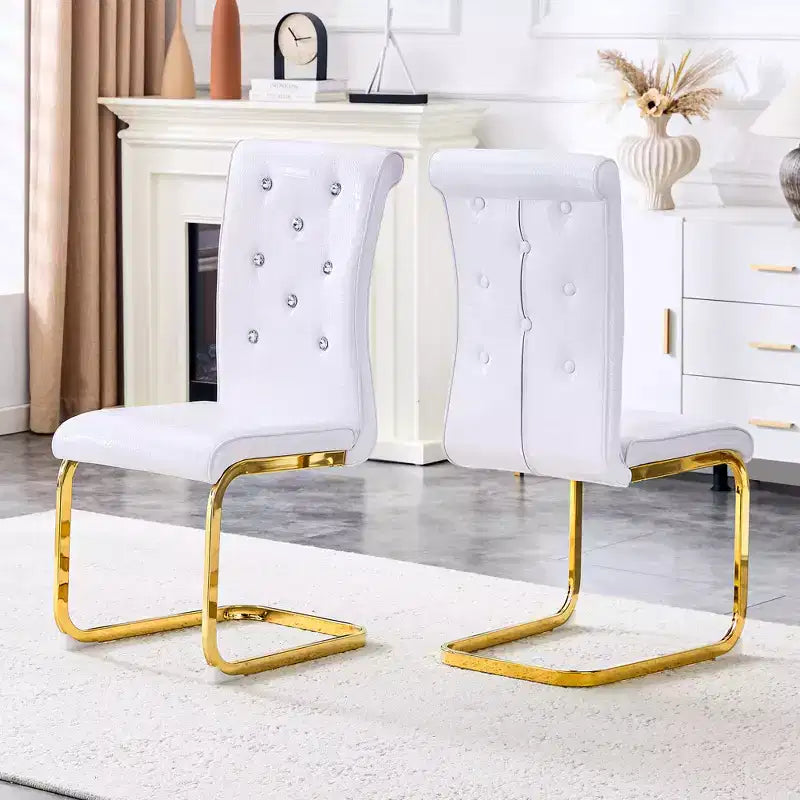 Set of 4 Upholstered Dining Chairs with Faux Leather and Crystal Buckle Details, with Durable Metal Legs