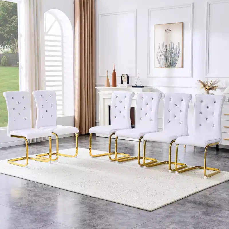 Set of 4 Upholstered Dining Chairs with Faux Leather and Crystal Buckle Details, with Durable Metal Legs