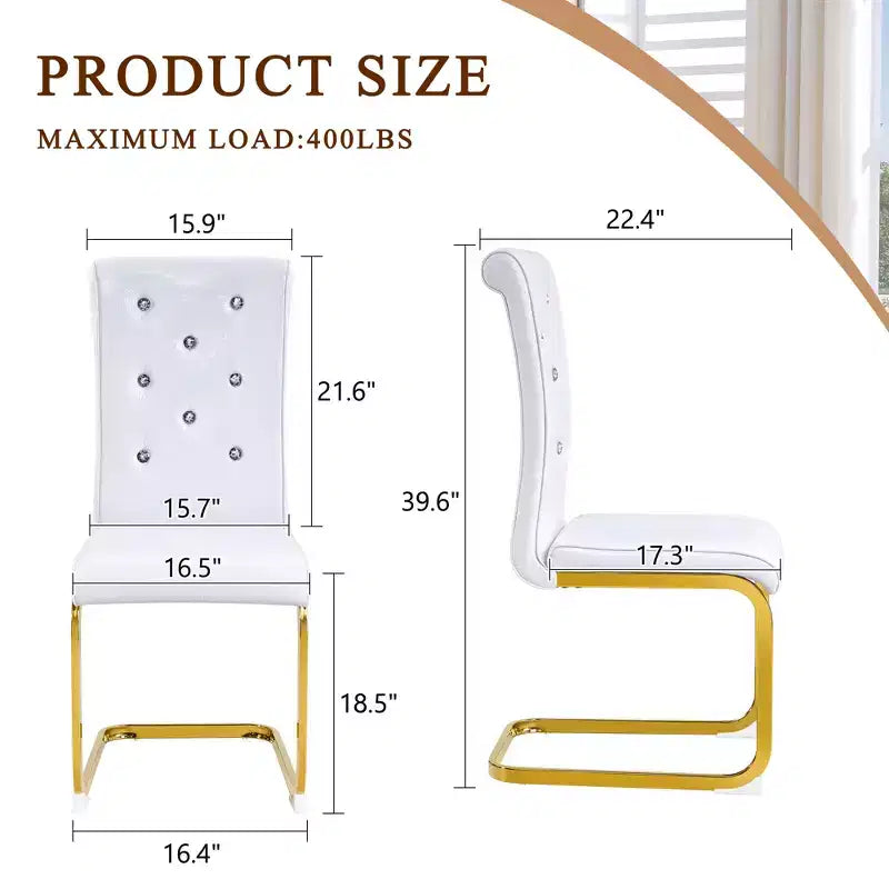 Set of 4 Upholstered Dining Chairs with Faux Leather and Crystal Buckle Details, with Durable Metal Legs