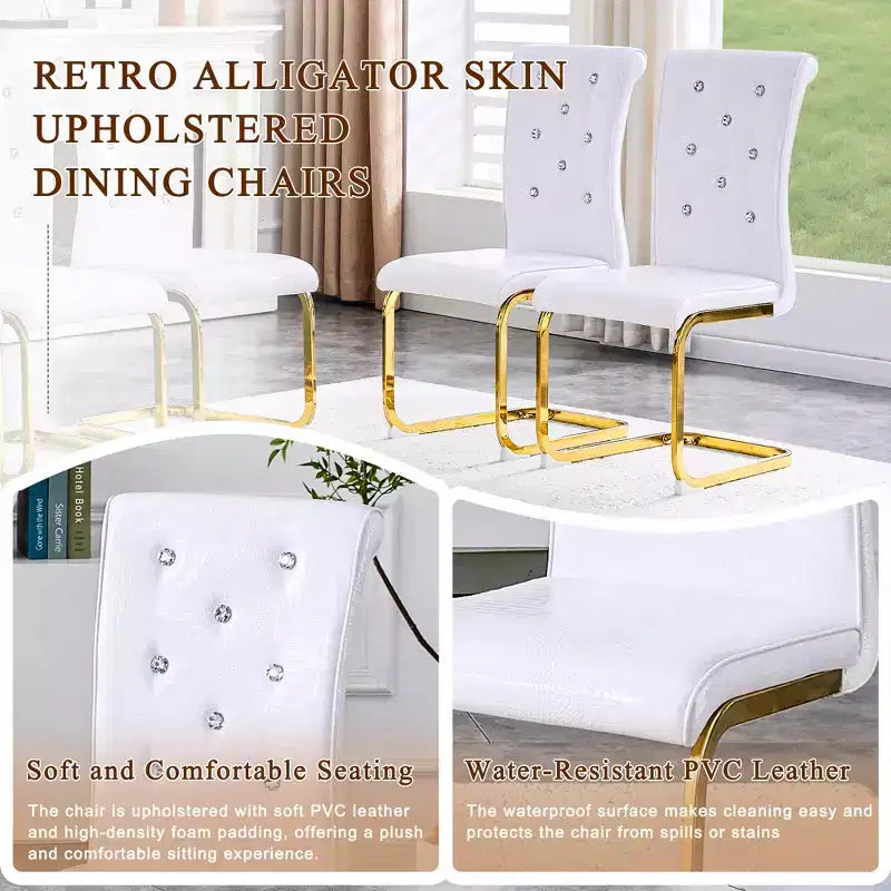 Set of 4 Upholstered Dining Chairs with Faux Leather and Crystal Buckle Details, with Durable Metal Legs