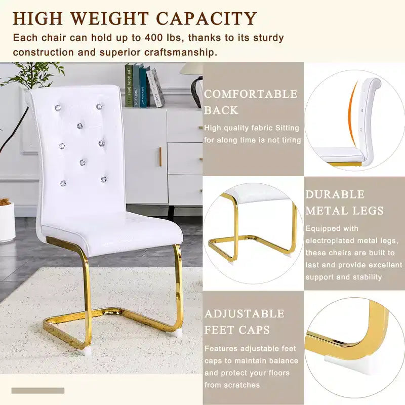 Set of 4 Upholstered Dining Chairs with Faux Leather and Crystal Buckle Details, with Durable Metal Legs