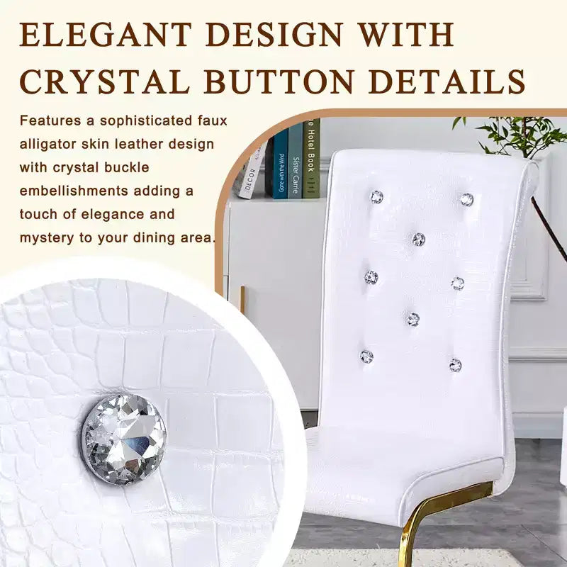 Set of 4 Upholstered Dining Chairs with Faux Leather and Crystal Buckle Details, with Durable Metal Legs