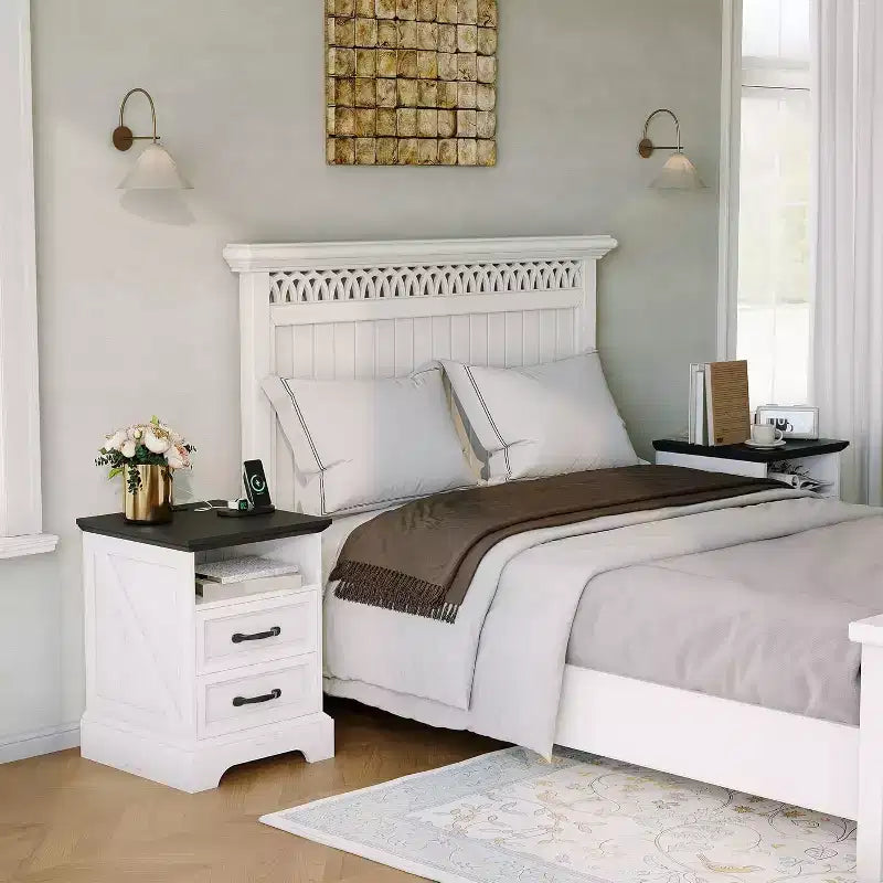 Farmhouse Rustic Nightstands with Charging Station, Modern Wood Night Stands Bedside Tables with 2 Drawers, White Accent Side Tables for Living Room