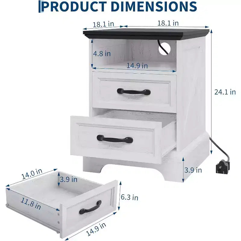 Farmhouse Rustic Nightstands with Charging Station, Modern Wood Night Stands Bedside Tables with 2 Drawers, White Accent Side Tables for Living Room