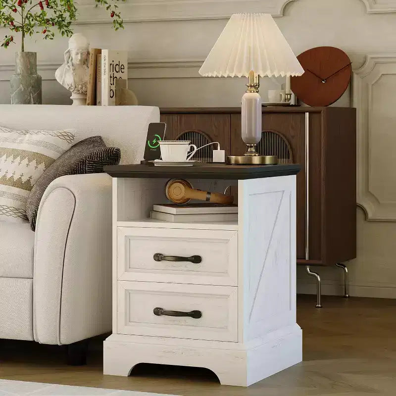 Farmhouse Rustic Nightstands with Charging Station, Modern Wood Night Stands Bedside Tables with 2 Drawers, White Accent Side Tables for Living Room