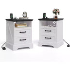 Farmhouse Rustic Nightstands with Charging Station, Modern Wood Night Stands Bedside Tables with 2 Drawers, White Accent Side Tables for Living Room