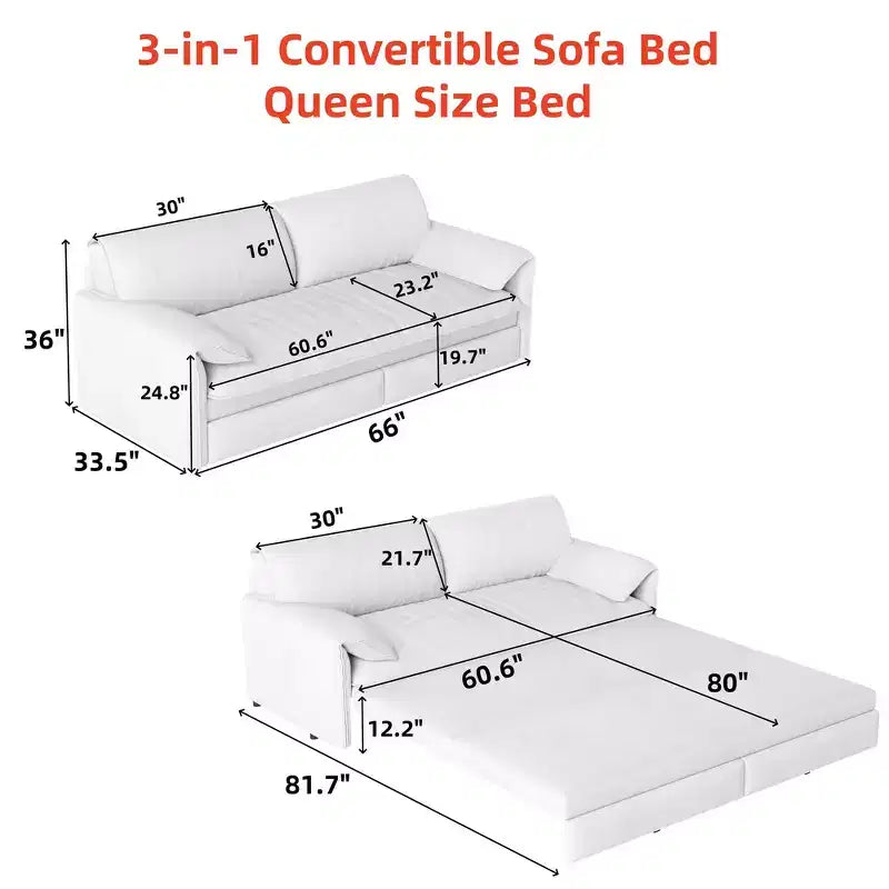 Whisen 3-in-1 Velvet Queen Sleeper Sofa Bed & 66 Queen Pull Out Convertible Sofa Bed, Couch with Side Storage Pockets (Upgraded)