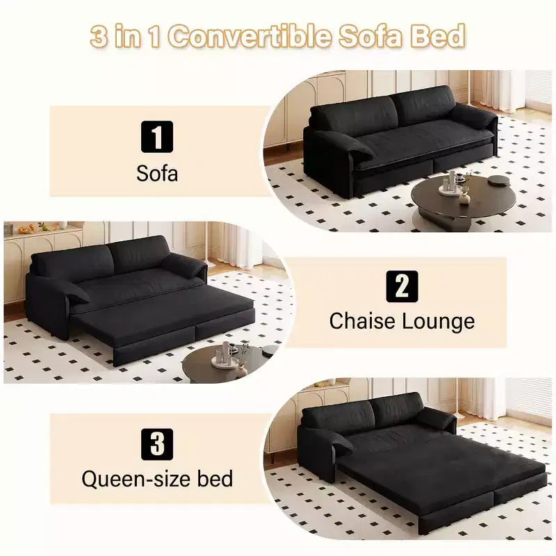 Whisen 3-in-1 Velvet Queen Sleeper Sofa Bed & 66 Queen Pull Out Convertible Sofa Bed, Couch with Side Storage Pockets (Upgraded)