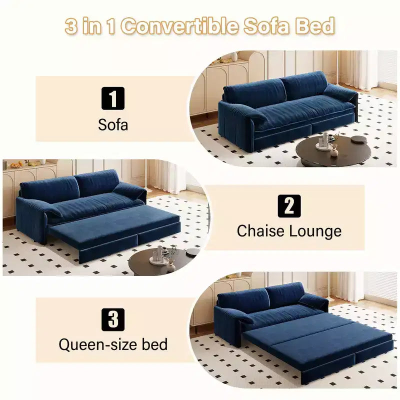 Whisen 3-in-1 Velvet Queen Sleeper Sofa Bed & 66 Queen Pull Out Convertible Sofa Bed, Couch with Side Storage Pockets (Upgraded)
