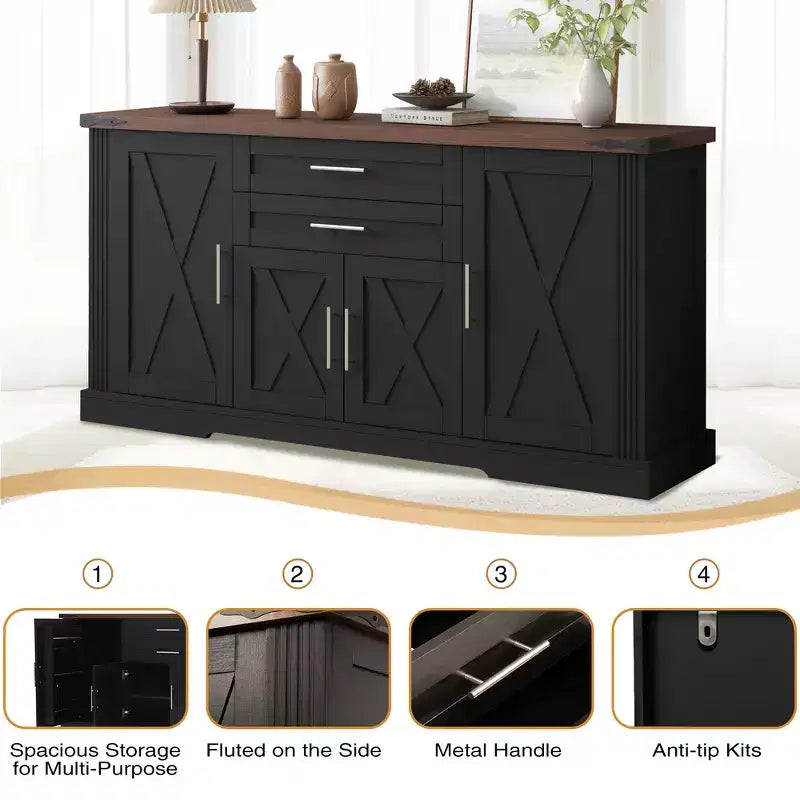 Zeus & Ruta 63 Farmhouse Storage Cabinet with Barn Door, 2 Drawers, Adjustable Shelves, Coffee Bar Buffet for Kitchen, Entryway, Dining Room