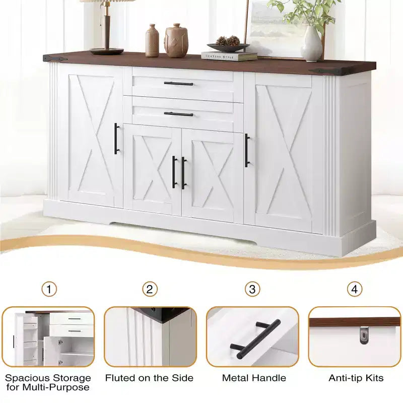 Zeus & Ruta 63 Farmhouse Storage Cabinet with Barn Door, 2 Drawers, Adjustable Shelves, Coffee Bar Buffet for Kitchen, Entryway, Dining Room