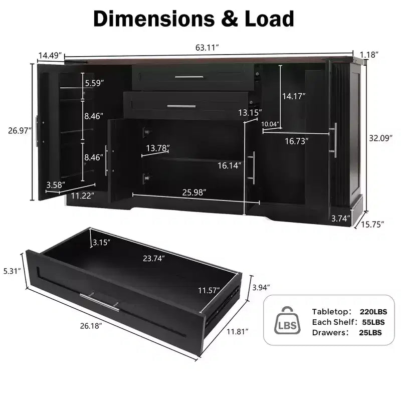 Zeus & Ruta 63 Farmhouse Storage Cabinet with Barn Door, 2 Drawers, Adjustable Shelves, Coffee Bar Buffet for Kitchen, Entryway, Dining Room