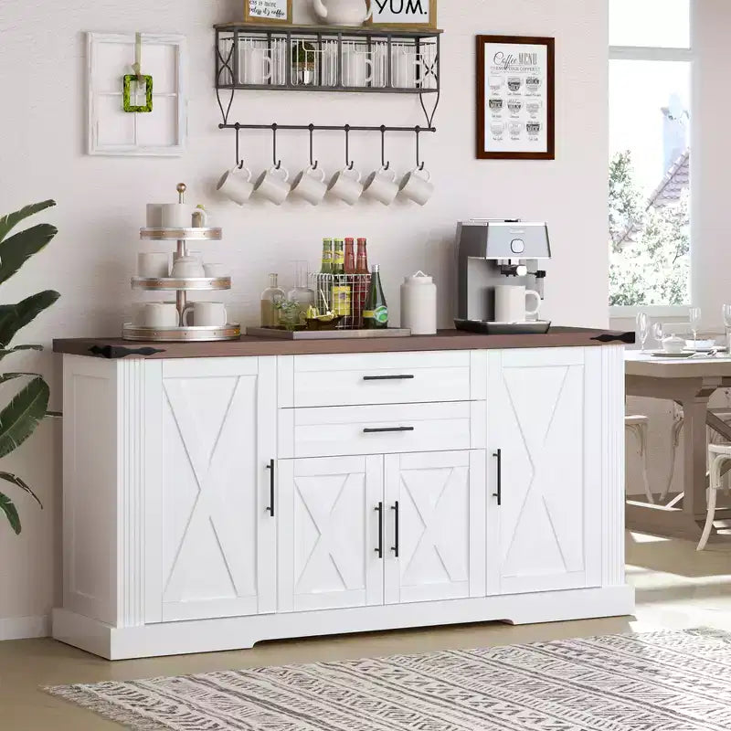 Zeus & Ruta 63 Farmhouse Storage Cabinet with Barn Door, 2 Drawers, Adjustable Shelves, Coffee Bar Buffet for Kitchen, Entryway, Dining Room