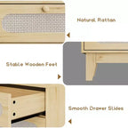 Dresser for Bedroom, 6 Rattan Drawer Dresser with USB Ports & Outlets, Natural Oak Storage Chest