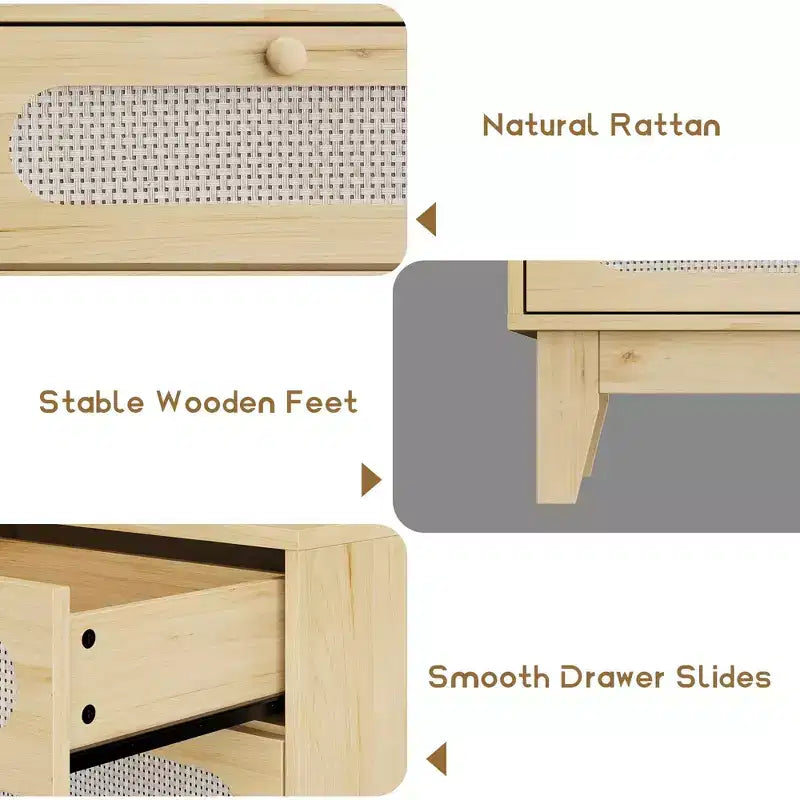 Dresser for Bedroom, 6 Rattan Drawer Dresser with USB Ports & Outlets, Natural Oak Storage Chest
