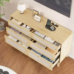 Dresser for Bedroom, 6 Rattan Drawer Dresser with USB Ports & Outlets, Natural Oak Storage Chest