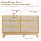 Dresser for Bedroom, 6 Rattan Drawer Dresser with USB Ports & Outlets, Natural Oak Storage Chest