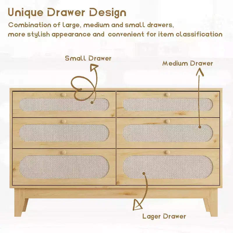 Dresser for Bedroom, 6 Rattan Drawer Dresser with USB Ports & Outlets, Natural Oak Storage Chest