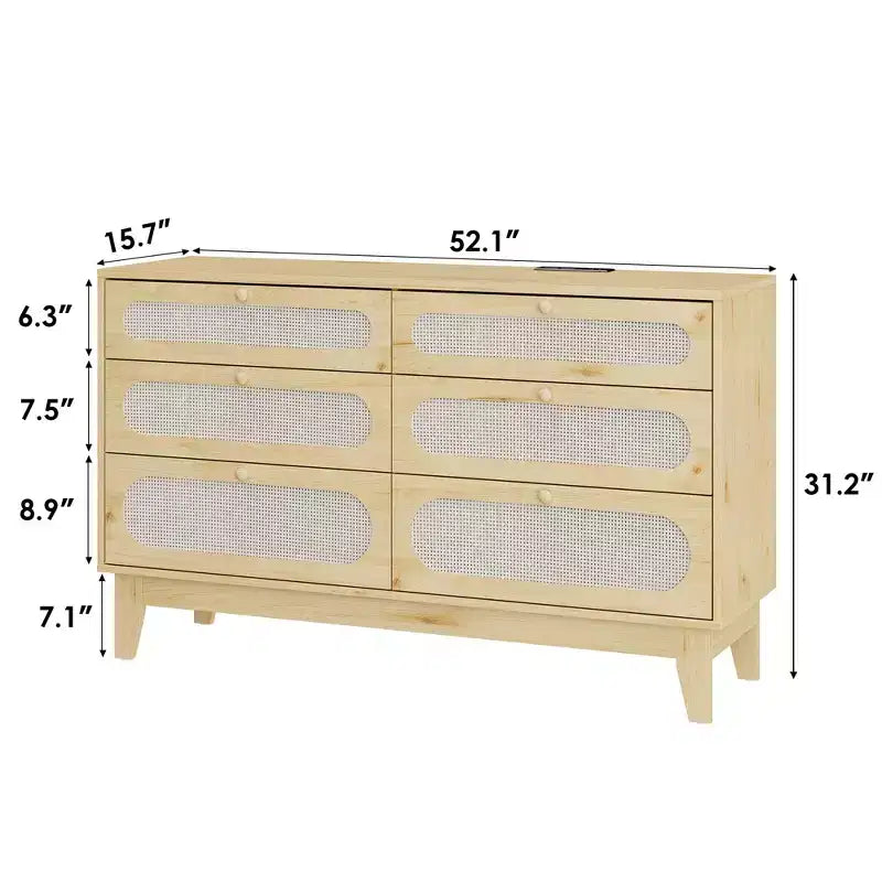 Dresser for Bedroom, 6 Rattan Drawer Dresser with USB Ports & Outlets, Natural Oak Storage Chest