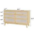 Dresser for Bedroom, 6 Rattan Drawer Dresser with USB Ports & Outlets, Natural Oak Storage Chest