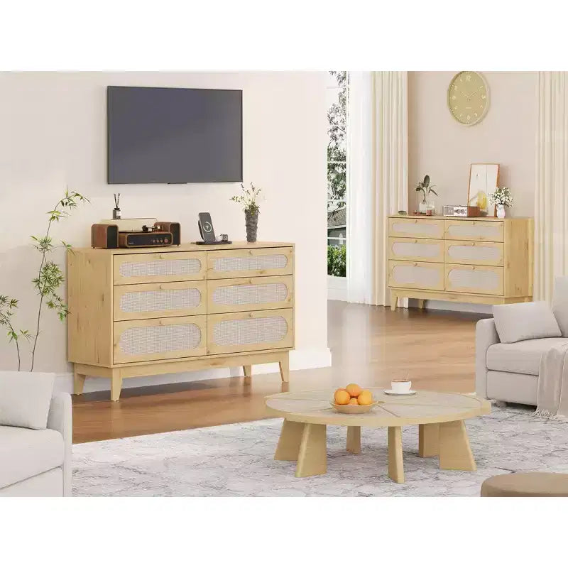 Dresser for Bedroom, 6 Rattan Drawer Dresser with USB Ports & Outlets, Natural Oak Storage Chest