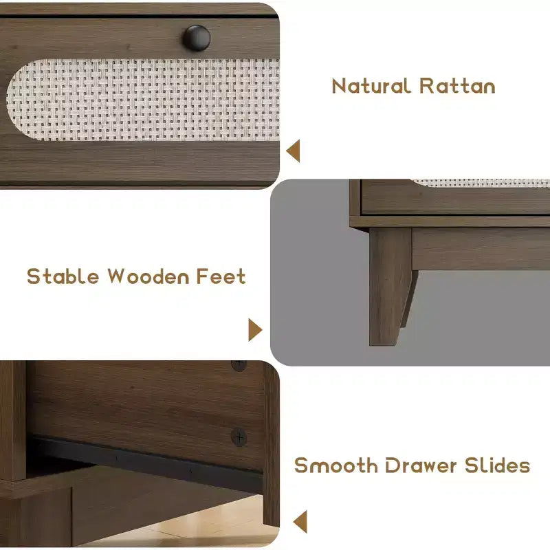 Dresser for Bedroom, 6 Rattan Drawer Dresser with USB Ports & Outlets, Natural Oak Storage Chest