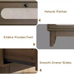 Dresser for Bedroom, 6 Rattan Drawer Dresser with USB Ports & Outlets, Natural Oak Storage Chest