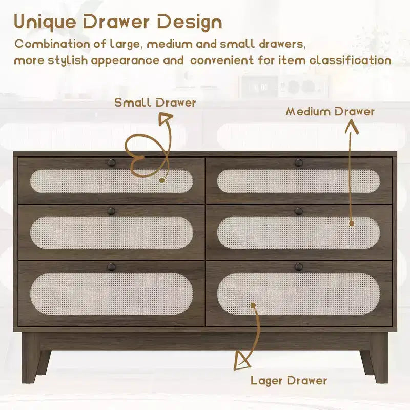 Dresser for Bedroom, 6 Rattan Drawer Dresser with USB Ports & Outlets, Natural Oak Storage Chest
