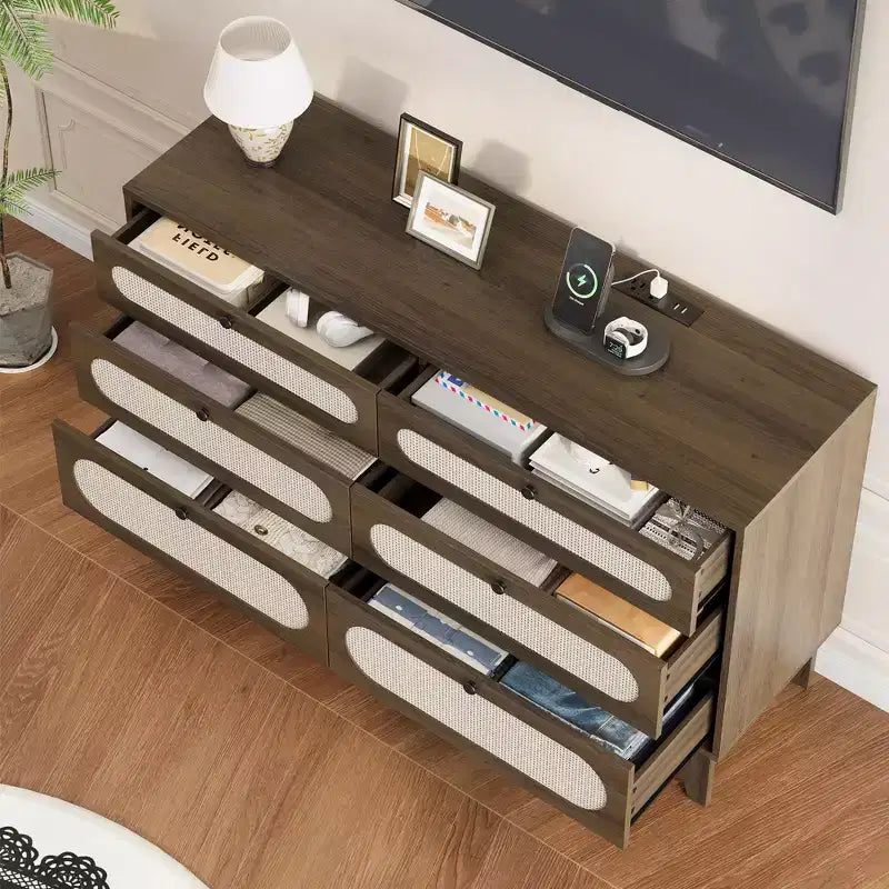 Dresser for Bedroom, 6 Rattan Drawer Dresser with USB Ports & Outlets, Natural Oak Storage Chest