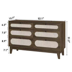 Dresser for Bedroom, 6 Rattan Drawer Dresser with USB Ports & Outlets, Natural Oak Storage Chest