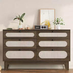 Dresser for Bedroom, 6 Rattan Drawer Dresser with USB Ports & Outlets, Natural Oak Storage Chest