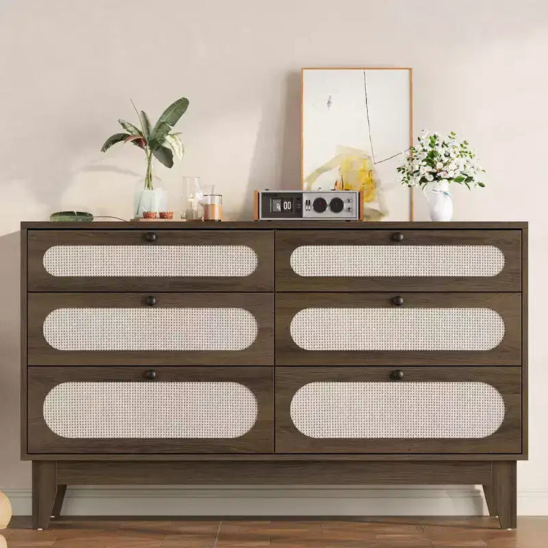 Dresser for Bedroom, 6 Rattan Drawer Dresser with USB Ports & Outlets, Natural Oak Storage Chest