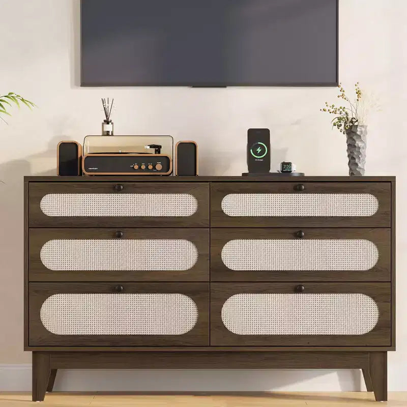Dresser for Bedroom, 6 Rattan Drawer Dresser with USB Ports & Outlets, Natural Oak Storage Chest