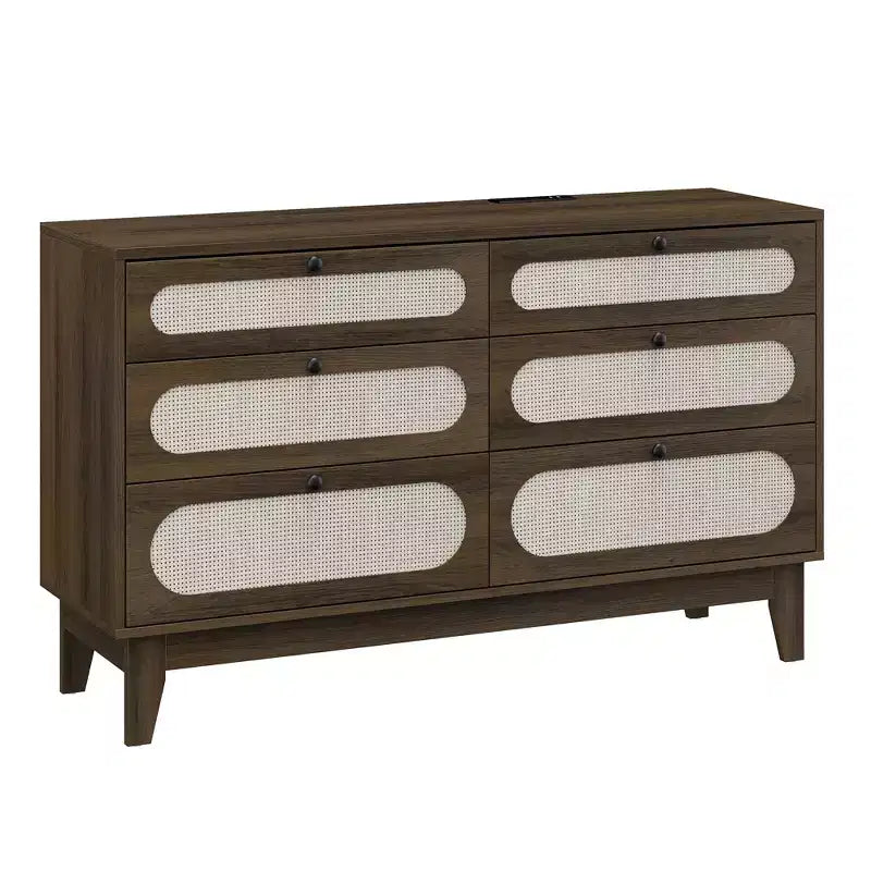 Dresser for Bedroom, 6 Rattan Drawer Dresser with USB Ports & Outlets, Natural Oak Storage Chest