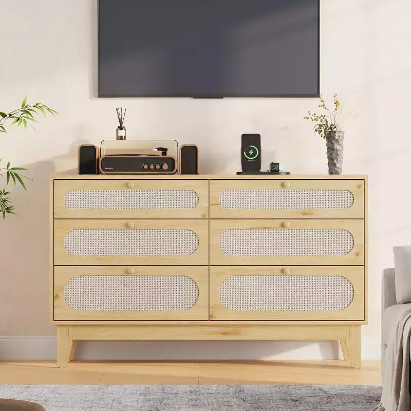 Dresser for Bedroom, 6 Rattan Drawer Dresser with USB Ports & Outlets, Natural Oak Storage Chest