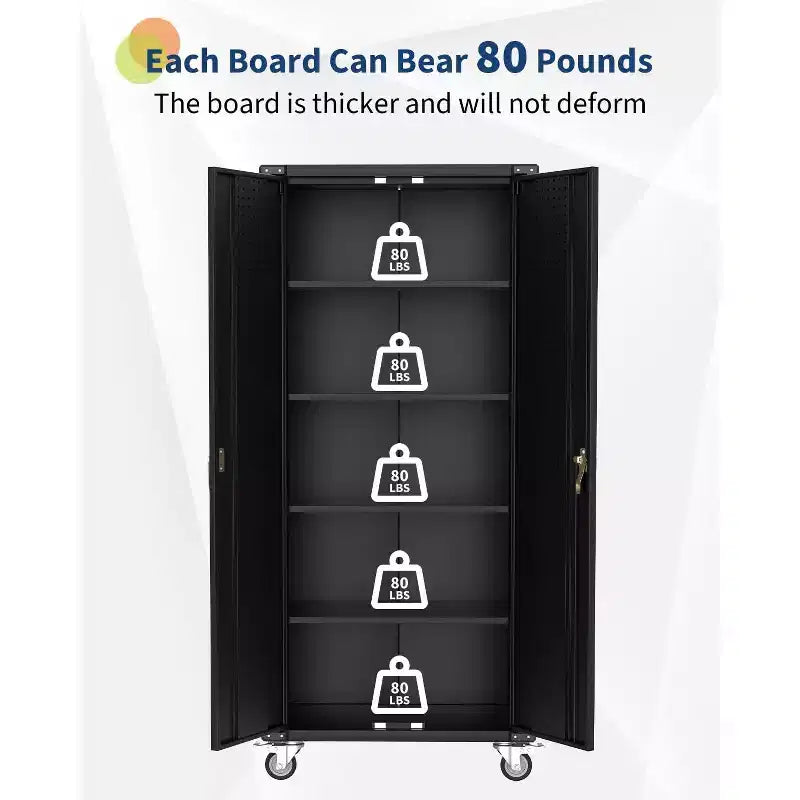 Heavy-Duty 72'' Metal Garage Storage Cabinet with Wheels - Locking Doors - 4 Adjustable Shelves - Pegboard Organizer - Mobile Tool Locker