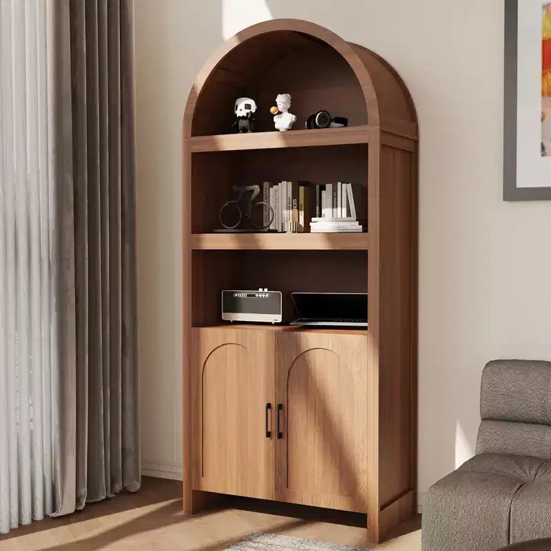 71 Tall Arched Bookcase Cabinet,5-Tier Storage with Fluted Doors, 3 Open Shelves & Adjustable Shelf, Pantry for Living Room, Dining Room, Office