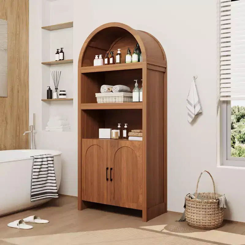 71 Tall Arched Bookcase Cabinet,5-Tier Storage with Fluted Doors, 3 Open Shelves & Adjustable Shelf, Pantry for Living Room, Dining Room, Office