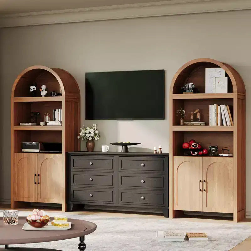 71 Tall Arched Bookcase Cabinet,5-Tier Storage with Fluted Doors, 3 Open Shelves & Adjustable Shelf, Pantry for Living Room, Dining Room, Office