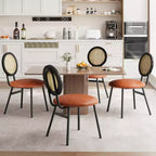 Modern upholstered dining chairs  Contemporary set with natural rattan backrest, metal legs  Space-saving design for dining room