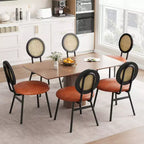 Modern upholstered dining chairs  Contemporary set with natural rattan backrest, metal legs  Space-saving design for dining room