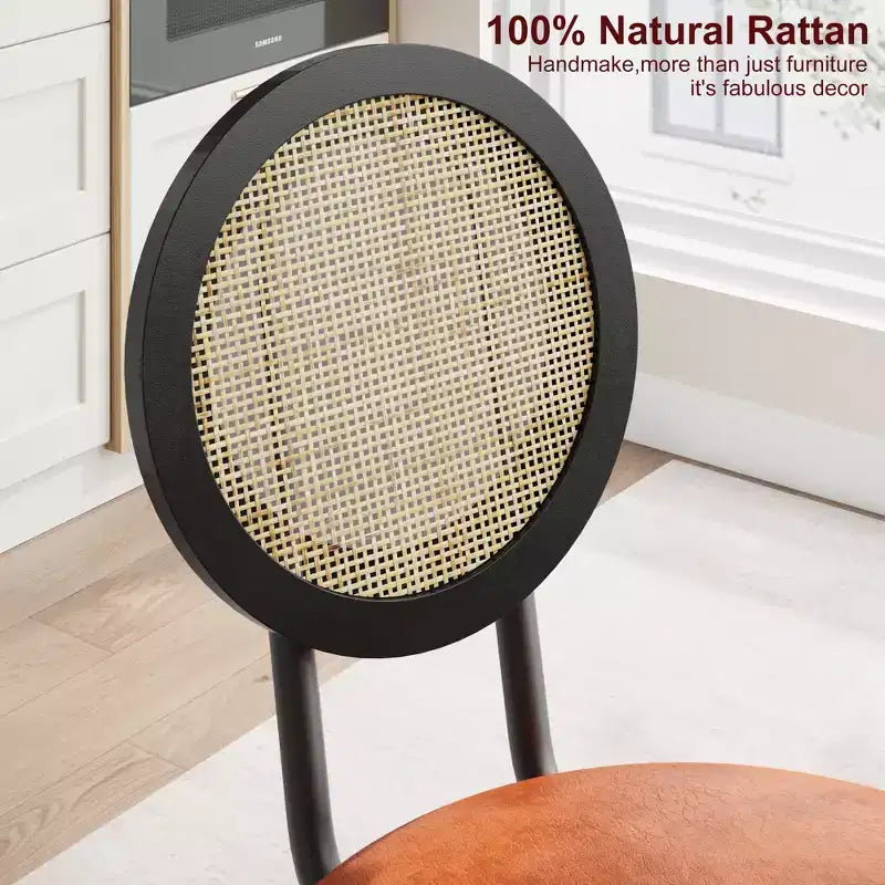 Modern upholstered dining chairs  Contemporary set with natural rattan backrest, metal legs  Space-saving design for dining room
